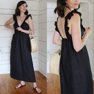 Harly‎ Jae Dress Milos Black Linen Ruffled V-Neck Minimalist Maxi Dress Size L